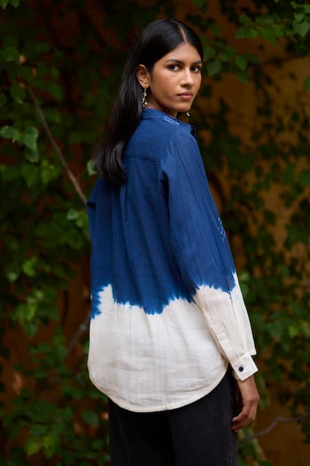 Shop_Medha_Blue Cotton Bandhani Collar Ombre Shirt _at_Aza_Fashions