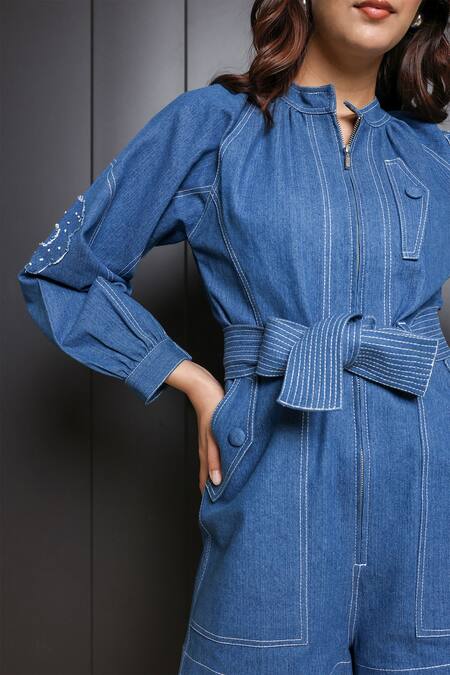 Buy_Nassh_Blue Denim Sequins Mandarin Collar Playsuit_Online_at_Aza_Fashions