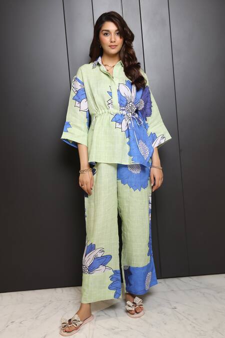 Nassh_Multi Color Linen Collared Meadow Blossom Print Shirt And Pant Set_Online_at_Aza_Fashions