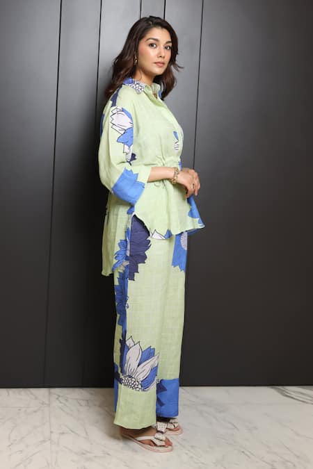 Nassh_Multi Color Linen Collared Meadow Blossom Print Shirt And Pant Set_at_Aza_Fashions