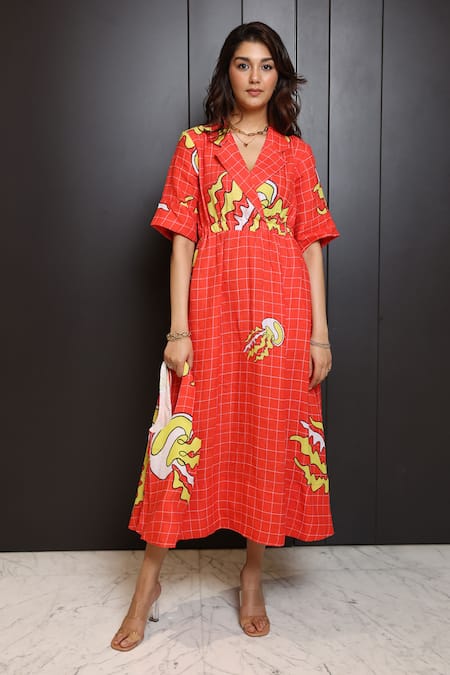 Nassh_Multi Color Linen Collared Multicolor Checkered Dress_Online_at_Aza_Fashions