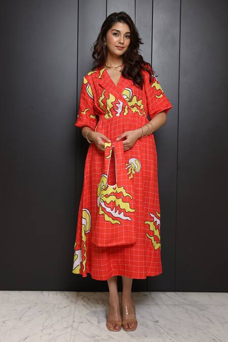 Buy_Nassh_Multi Color Linen Collared Multicolor Checkered Dress_Online_at_Aza_Fashions