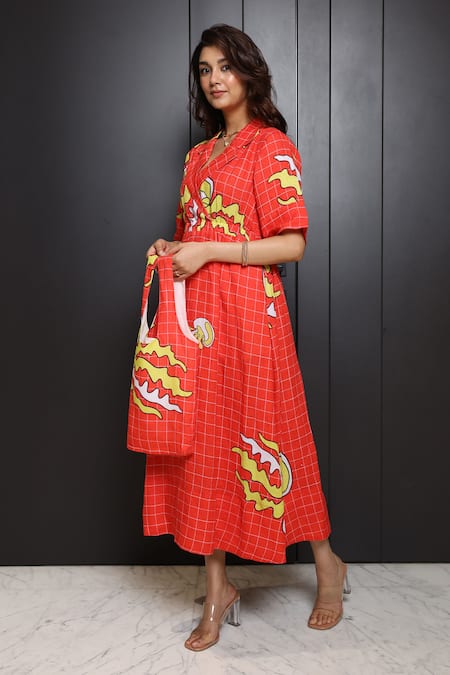 Shop_Nassh_Multi Color Linen Collared Multicolor Checkered Dress_Online_at_Aza_Fashions