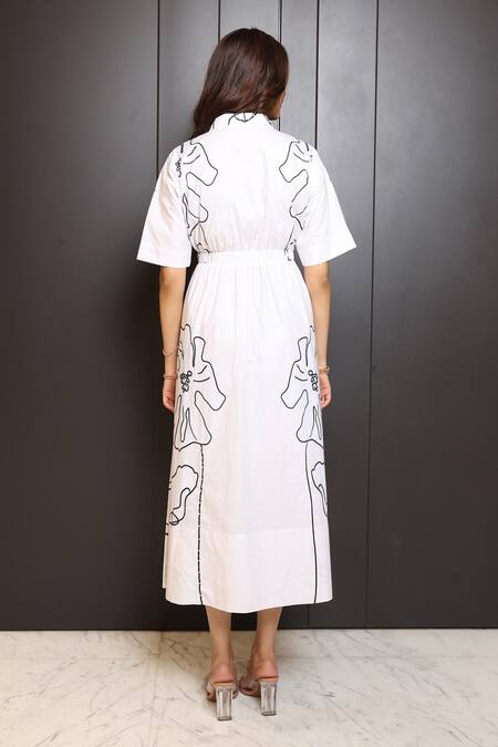 Shop_Nassh_White Cotton Printed Abstract Lapel Collar A-line Dress _at_Aza_Fashions