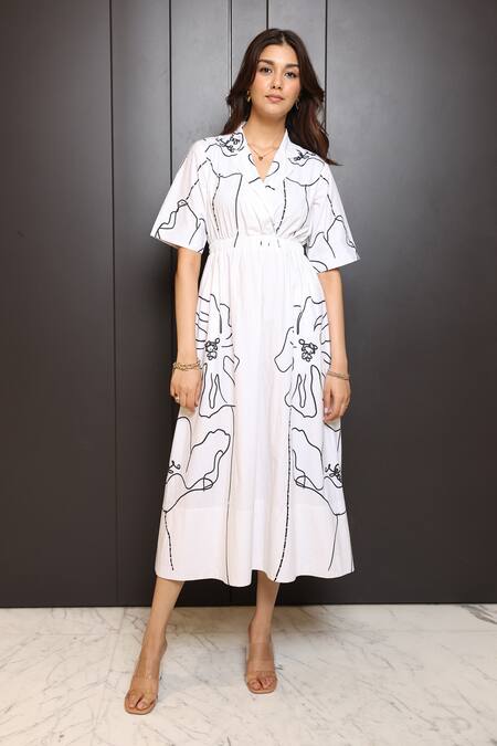 Nassh_White Cotton Printed Abstract Lapel Collar A-line Dress _Online_at_Aza_Fashions
