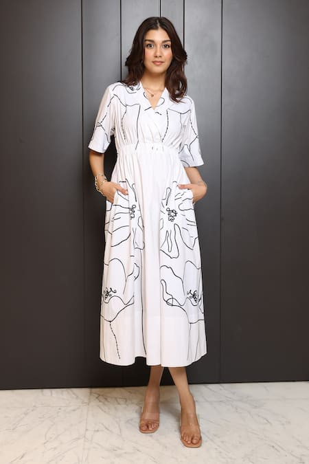 Buy_Nassh_White Cotton Printed Abstract Lapel Collar A-line Dress _Online_at_Aza_Fashions