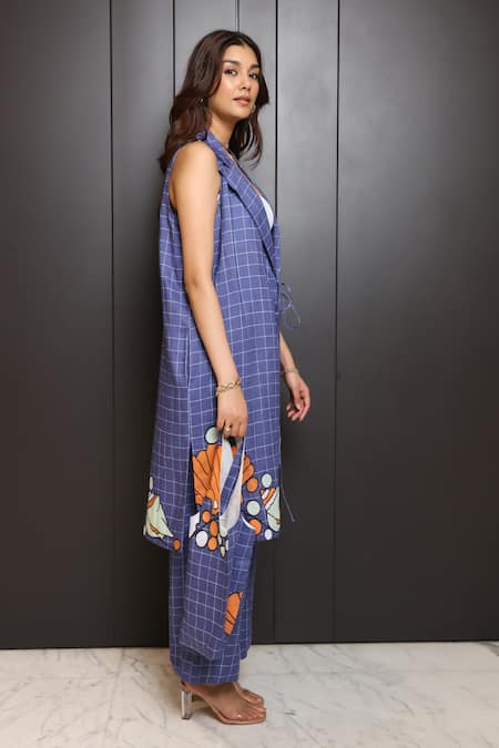 Nassh_Blue Linen Open , Scoop Marine Checkered Jacket Trouser Set_Online_at_Aza_Fashions