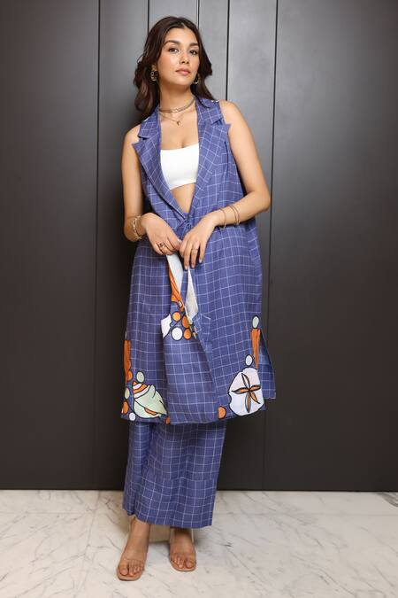 Buy_Nassh_Blue Linen Open , Scoop Marine Checkered Jacket Trouser Set_Online_at_Aza_Fashions
