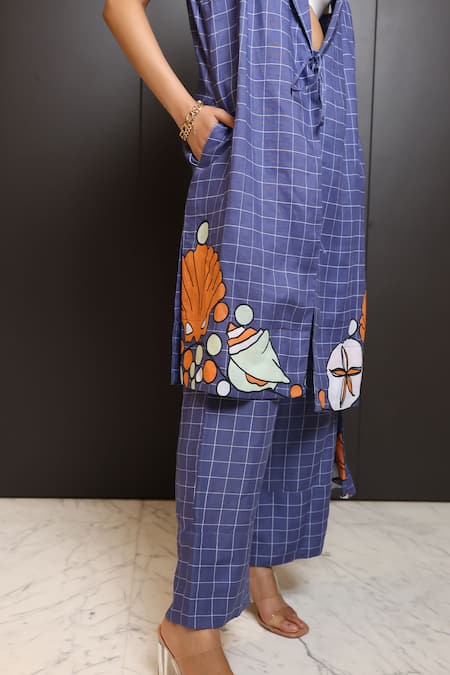 Buy_Nassh_Blue Linen Open , Scoop Marine Checkered Jacket Trouser Set