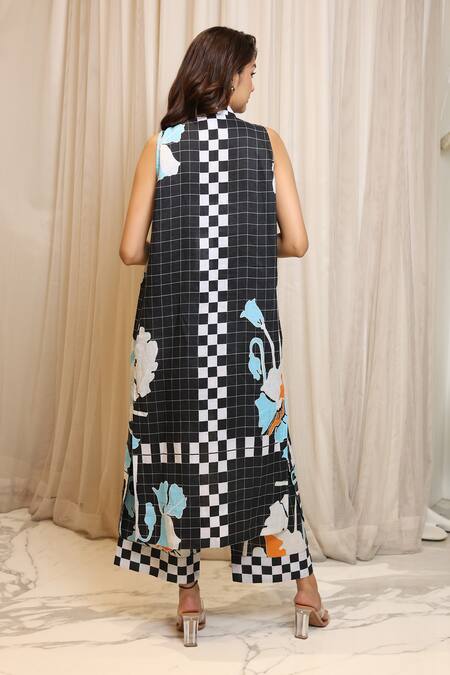 Shop_Nassh_Multi Color Linen Embroidery Open Neck, Floral Checkered Jacket Trouser Set_at_Aza_Fashions