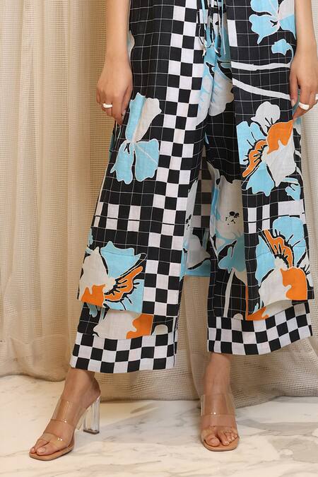 Nassh Multi Color Linen Embroidery Open Neck, Floral Checkered Jacket Trouser Set Online at Aza Fashions Nassh_Multi Color Linen Embroidery Open Neck, Floral Checkered Jacket Trouser Set_Online_at_Aza_Fashions