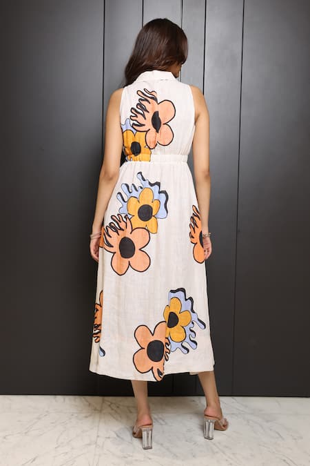 Shop_Nassh_White Linen Printed Floral Lapel Collar Midi Dress _at_Aza_Fashions
