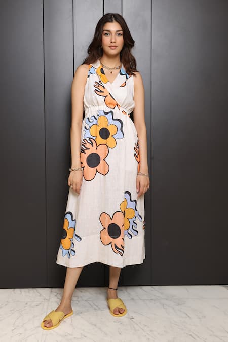 Nassh_White Linen Printed Floral Lapel Collar Midi Dress _Online_at_Aza_Fashions