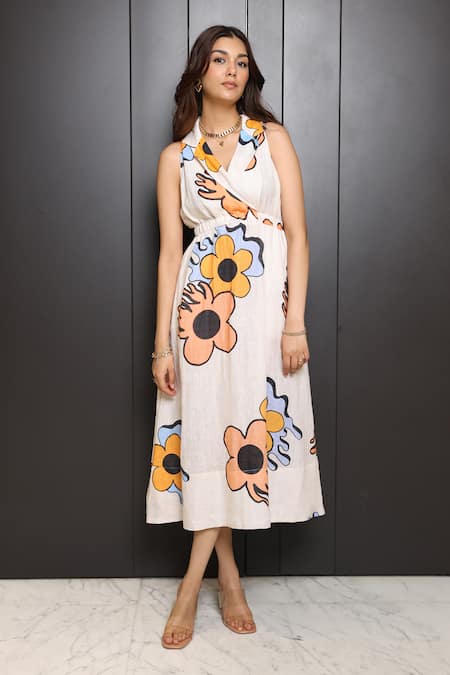 Buy_Nassh_White Linen Printed Floral Lapel Collar Midi Dress _Online_at_Aza_Fashions