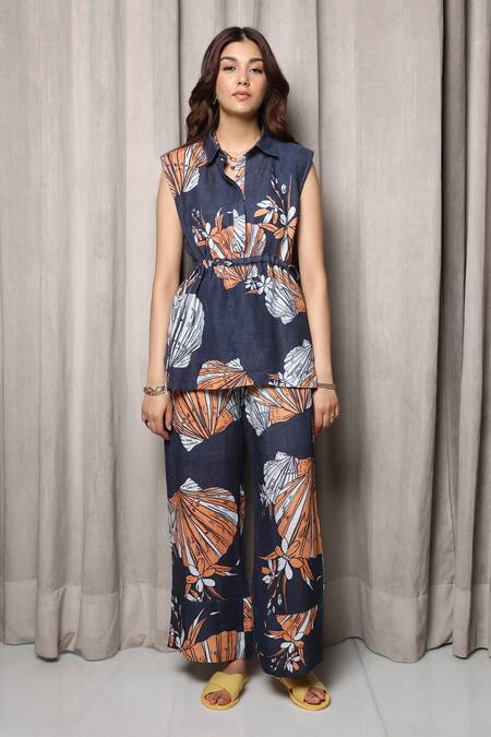 Nassh_Multi Color Linen Floral Seashell Print Top And Pant Set_Online_at_Aza_Fashions