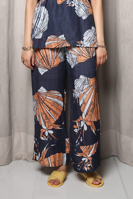 Buy_Nassh_Multi Color Linen Floral Seashell Print Top And Pant Set