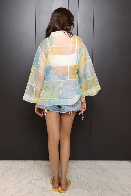 Shop_Nassh_Multi Color Organza Checkered Shirt Collar Multicolor Sheer Panel _at_Aza_Fashions