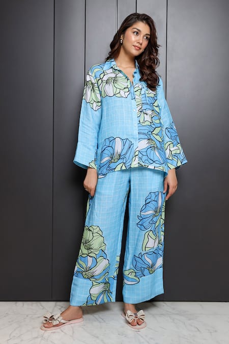Nassh Multi Color Hemp Shawl Neck Floral Print Shirt And Pant Co-ord Set Online at Aza Fashions Nassh_Multi Color Hemp Shawl Neck Floral Print Shirt And Pant Co-ord Set_Online_at_Aza_Fashions