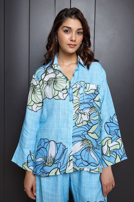 Buy Nassh Multi Color Hemp Shawl Neck Floral Print Shirt And Pant Co-ord Set Online at Aza Fashions Buy_Nassh_Multi Color Hemp Shawl Neck Floral Print Shirt And Pant Co-ord Set_Online_at_Aza_Fashions