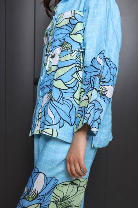 Shop Nassh Multi Color Hemp Shawl Neck Floral Print Shirt And Pant Co-ord Set Online at Aza Fashions Shop_Nassh_Multi Color Hemp Shawl Neck Floral Print Shirt And Pant Co-ord Set_Online_at_Aza_Fashions