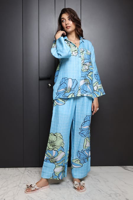 Nassh Multi Color Hemp Shawl Neck Floral Print Shirt And Pant Co-ord Set at Aza Fashions Nassh_Multi Color Hemp Shawl Neck Floral Print Shirt And Pant Co-ord Set_at_Aza_Fashions