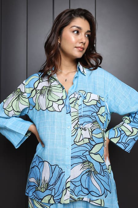 Shop Nassh Multi Color Hemp Shawl Neck Floral Print Shirt And Pant Co-ord Set Shop_Nassh_Multi Color Hemp Shawl Neck Floral Print Shirt And Pant Co-ord Set