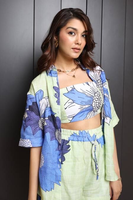 Shop_Nassh_Multi Color Linen Embroidery Floral Print Shirt And Shorts Set_Online_at_Aza_Fashions