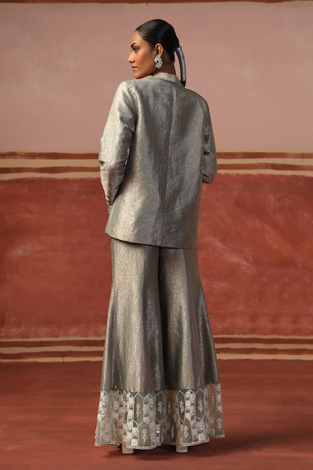 Shop_Sabe_Silver Brocade Pearls, Sequins, Embroidery Floral Woven Blazer And Flared Pant Set _at_Aza_Fashions