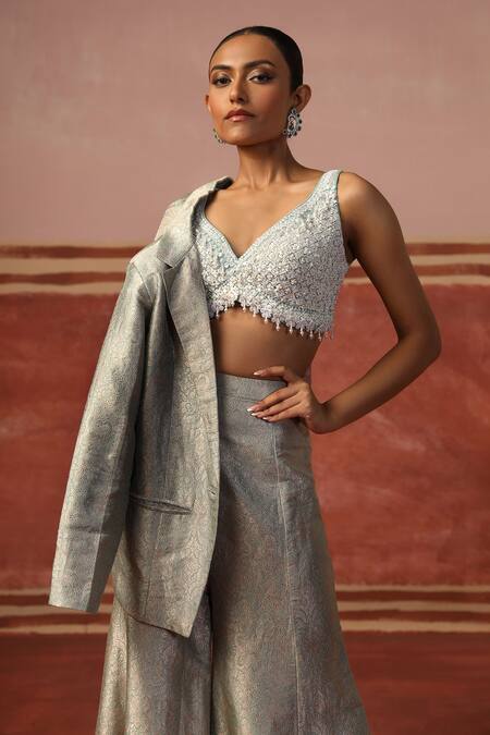 Buy_Sabe_Silver Brocade Pearls, Sequins, Embroidery Floral Woven Blazer And Flared Pant Set 