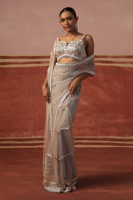 Sabe_Gray Net Mirrors, Sequins, Beads, Zari Split Embroidered Saree With Blouse _Online_at_Aza_Fashions