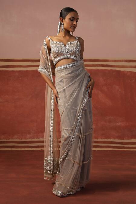 Buy_Sabe_Gray Net Mirrors, Sequins, Beads, Zari Split Embroidered Saree With Blouse _Online_at_Aza_Fashions