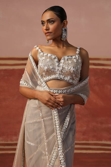 Sabe_Gray Net Mirrors, Sequins, Beads, Zari Split Embroidered Saree With Blouse _at_Aza_Fashions