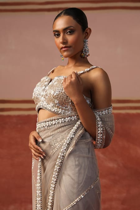 Buy_Sabe_Gray Net Mirrors, Sequins, Beads, Zari Split Embroidered Saree With Blouse 