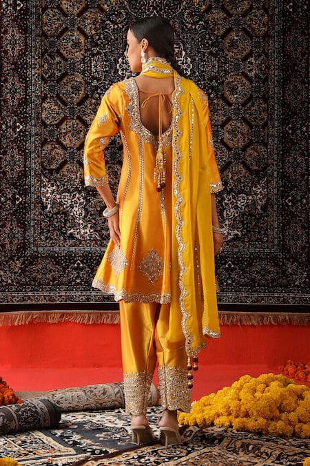 Shop Sabe Yellow Silk, Organza Embroidery, Mirrors, Gota Patti Peplum Anarkali Set at Aza Fashions Shop_Sabe_Yellow Silk, Organza Embroidery, Mirrors, Gota Patti Peplum Anarkali Set _at_Aza_Fashions