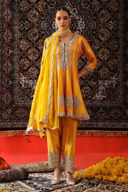 Sabe Yellow Silk, Organza Embroidery, Mirrors, Gota Patti Peplum Anarkali Set Online at Aza Fashions Sabe_Yellow Silk, Organza Embroidery, Mirrors, Gota Patti Peplum Anarkali Set _Online_at_Aza_Fashions