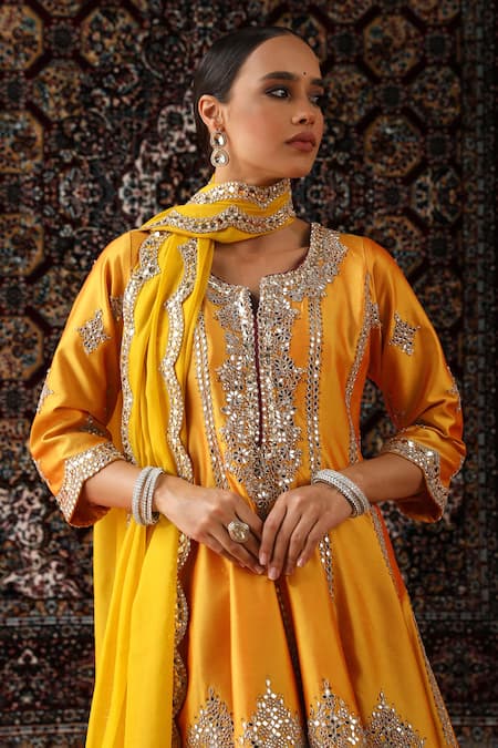 Shop Sabe Yellow Silk, Organza Embroidery, Mirrors, Gota Patti Peplum Anarkali Set Online at Aza Fashions Shop_Sabe_Yellow Silk, Organza Embroidery, Mirrors, Gota Patti Peplum Anarkali Set _Online_at_Aza_Fashions