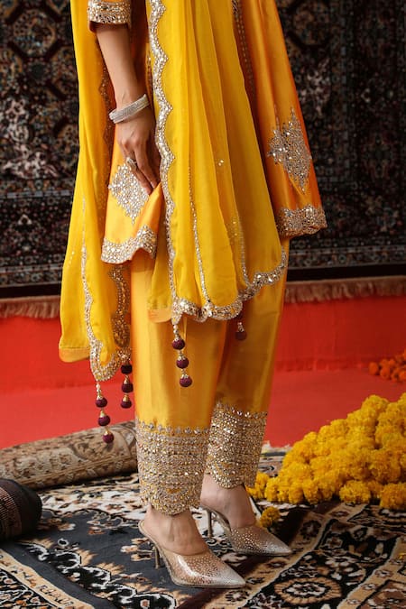 Sabe Yellow Silk, Organza Embroidery, Mirrors, Gota Patti Peplum Anarkali Set at Aza Fashions Sabe_Yellow Silk, Organza Embroidery, Mirrors, Gota Patti Peplum Anarkali Set _at_Aza_Fashions
