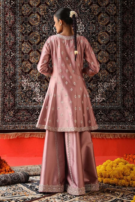 Shop Sabe Pink Silk Embroidery, Gota Patti, Zari Split V-neck Kurta Sharara Set at Aza Fashions Shop_Sabe_Pink Silk Embroidery, Gota Patti, Zari Split V-neck Kurta Sharara Set _at_Aza_Fashions