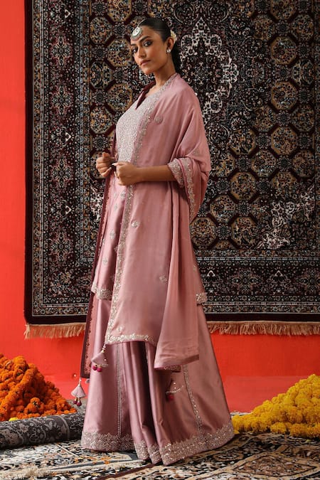 Sabe Pink Silk Embroidery, Gota Patti, Zari Split V-neck Kurta Sharara Set Online at Aza Fashions Sabe_Pink Silk Embroidery, Gota Patti, Zari Split V-neck Kurta Sharara Set _Online_at_Aza_Fashions
