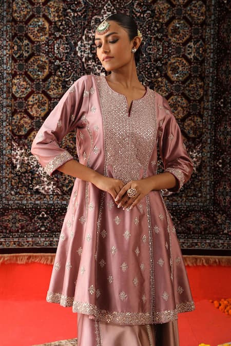 Buy Sabe Pink Silk Embroidery, Gota Patti, Zari Split V-neck Kurta Sharara Set Online at Aza Fashions Buy_Sabe_Pink Silk Embroidery, Gota Patti, Zari Split V-neck Kurta Sharara Set _Online_at_Aza_Fashions