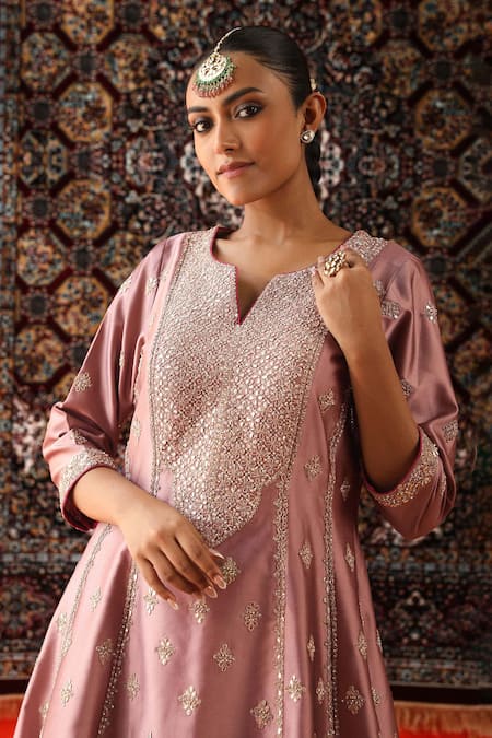 Shop Sabe Pink Silk Embroidery, Gota Patti, Zari Split V-neck Kurta Sharara Set Online at Aza Fashions Shop_Sabe_Pink Silk Embroidery, Gota Patti, Zari Split V-neck Kurta Sharara Set _Online_at_Aza_Fashions