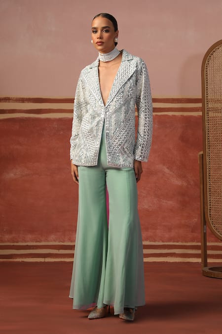 Sabe Geometric Embroidered Blazer & Flared Pant Set 