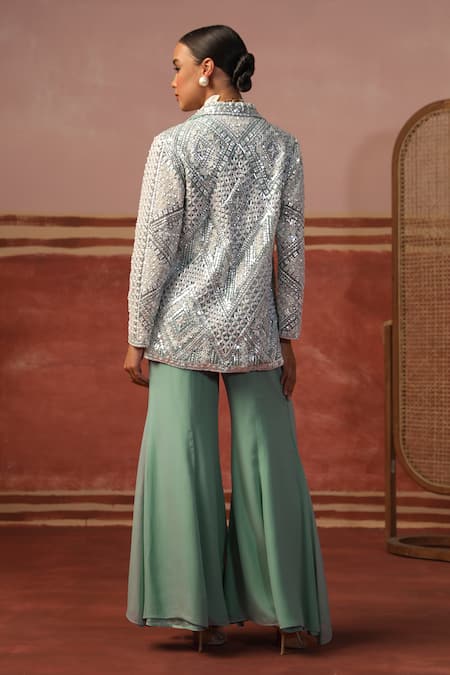 Shop Sabe Blue Georgette Mirrors, Sequins Geometric Embroidered Blazer And Flared Pant Set at Aza Fashions Shop_Sabe_Blue Georgette Mirrors, Sequins Geometric Embroidered Blazer And Flared Pant Set _at_Aza_Fashions