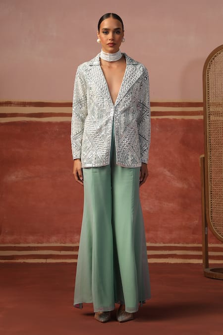 Sabe Blue Georgette Mirrors, Sequins Geometric Embroidered Blazer And Flared Pant Set Online at Aza Fashions Sabe_Blue Georgette Mirrors, Sequins Geometric Embroidered Blazer And Flared Pant Set _Online_at_Aza_Fashions