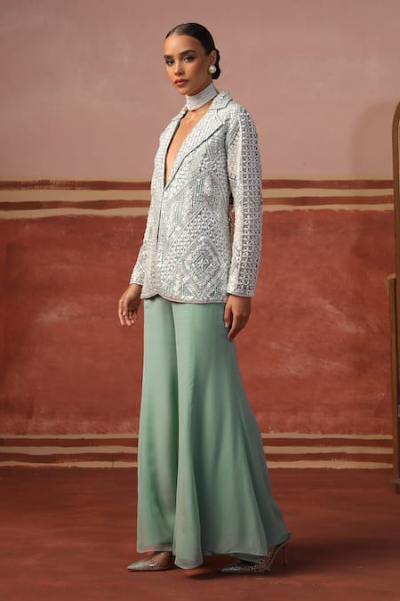 Buy Sabe Blue Georgette Mirrors, Sequins Geometric Embroidered Blazer And Flared Pant Set Online at Aza Fashions Buy_Sabe_Blue Georgette Mirrors, Sequins Geometric Embroidered Blazer And Flared Pant Set _Online_at_Aza_Fashions