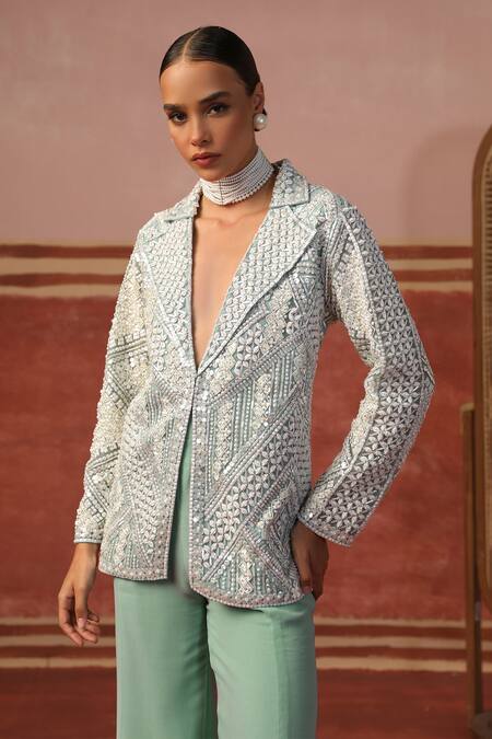 Shop Sabe Blue Georgette Mirrors, Sequins Geometric Embroidered Blazer And Flared Pant Set Online at Aza Fashions Shop_Sabe_Blue Georgette Mirrors, Sequins Geometric Embroidered Blazer And Flared Pant Set _Online_at_Aza_Fashions
