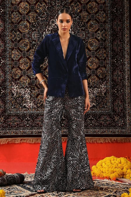 Sabe Velvet Blazer & Embroidered Bell Bottom Pant Set 