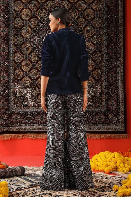 Shop Sabe Blue Velvet Embroidery Blazer And Pant Set at Aza Fashions Shop_Sabe_Blue Velvet Embroidery Blazer And Pant Set _at_Aza_Fashions