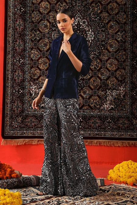 Sabe Blue Velvet Embroidery Blazer And Pant Set Online at Aza Fashions Sabe_Blue Velvet Embroidery Blazer And Pant Set _Online_at_Aza_Fashions