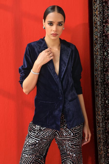 Buy Sabe Blue Velvet Embroidery Blazer And Pant Set Online at Aza Fashions Buy_Sabe_Blue Velvet Embroidery Blazer And Pant Set _Online_at_Aza_Fashions